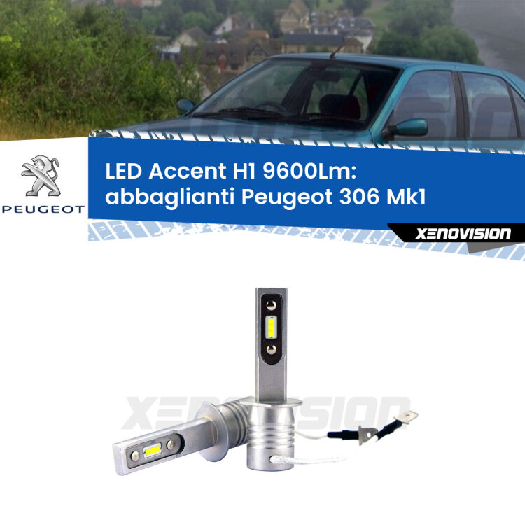 <strong>Kit LED Abbaglianti per Peugeot 306</strong> Mk1 1993 -2001.</strong> Coppia lampade <strong>H1</strong> senza ventola e ultracompatte per installazioni in fari senza spazi.