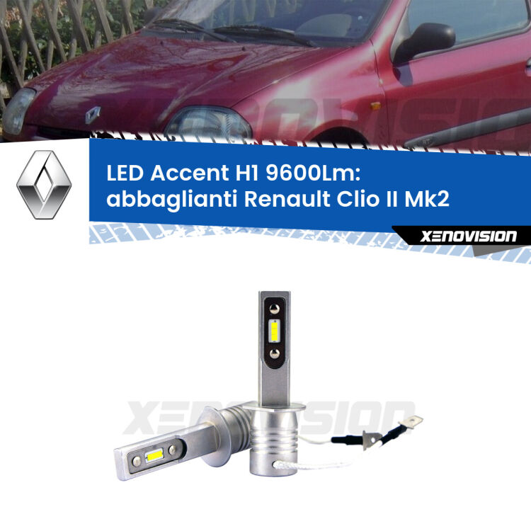 <strong>Kit LED Abbaglianti per Renault Clio II</strong> Mk2 a parabola doppia.</strong> Coppia lampade <strong>H1</strong> senza ventola e ultracompatte per installazioni in fari senza spazi.