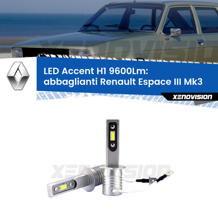 <strong>Kit LED Abbaglianti per Renault Espace III</strong> Mk3 1996 -2000.</strong> Coppia lampade <strong>H1</strong> senza ventola e ultracompatte per installazioni in fari senza spazi.