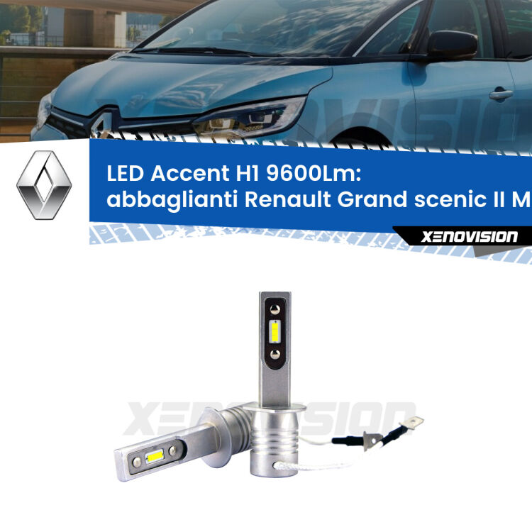 <strong>Kit LED Abbaglianti per Renault Grand scenic II</strong> Mk2 2004 -2009.</strong> Coppia lampade <strong>H1</strong> senza ventola e ultracompatte per installazioni in fari senza spazi.