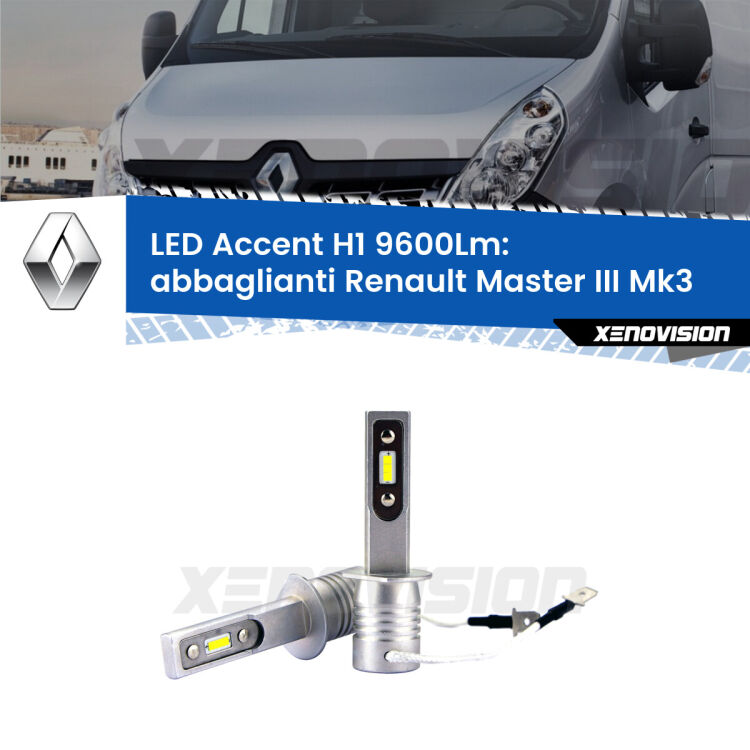 <strong>Kit LED Abbaglianti per Renault Master III</strong> Mk3 2010 in poi.</strong> Coppia lampade <strong>H1</strong> senza ventola e ultracompatte per installazioni in fari senza spazi.