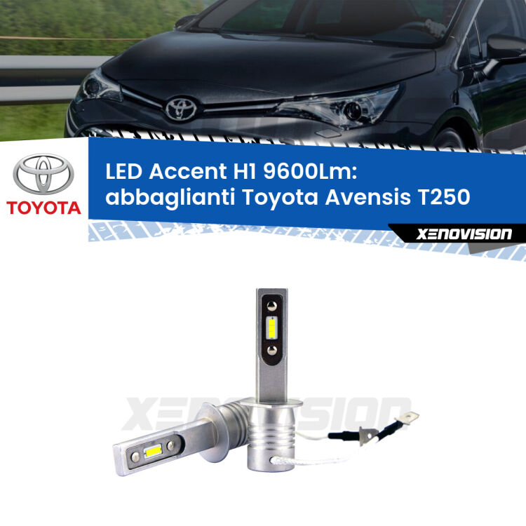 <strong>Kit LED Abbaglianti per Toyota Avensis</strong> T250 2003-2008.</strong> Coppia lampade <strong>H1</strong> senza ventola e ultracompatte per installazioni in fari senza spazi.