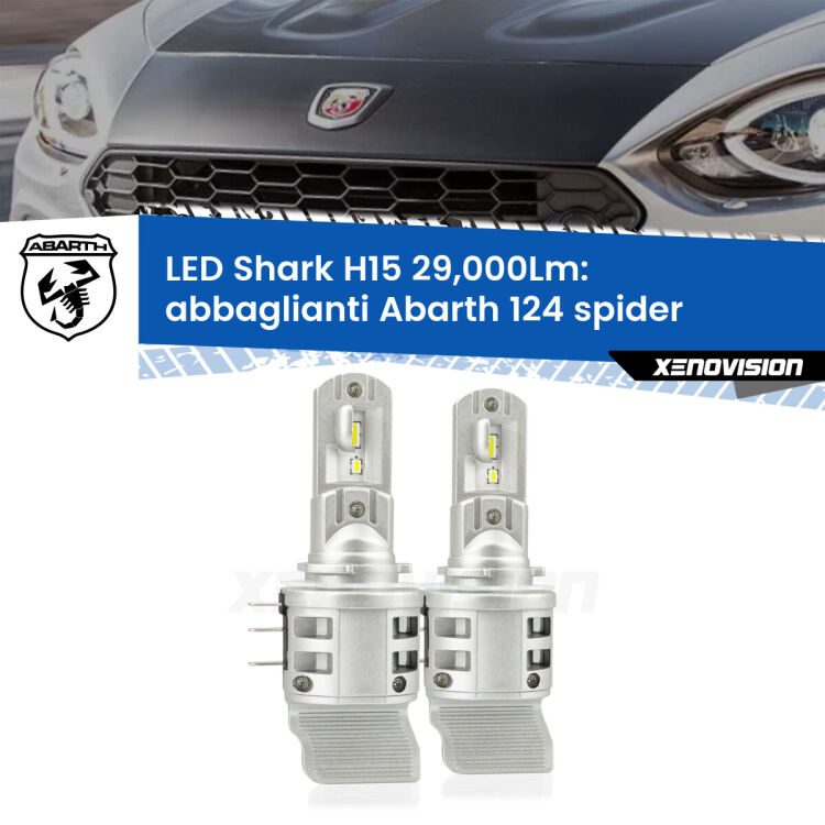 <strong>Kit abbaglianti LED per Abarth 124 spider</strong>  2016 -2019. Lampade <strong>H15</strong> doppia funzione (diurne + abbaglianti) Canbus modello Shark Xenovision.