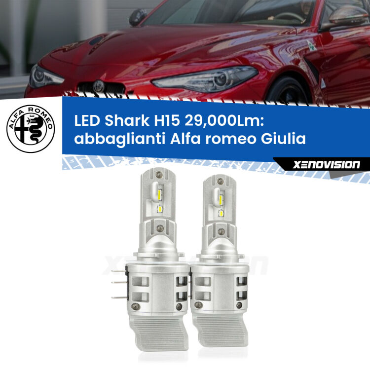 <strong>Kit abbaglianti LED per Alfa romeo Giulia</strong>  2015 in poi. Lampade <strong>H15</strong> doppia funzione (diurne + abbaglianti) Canbus modello Shark Xenovision.