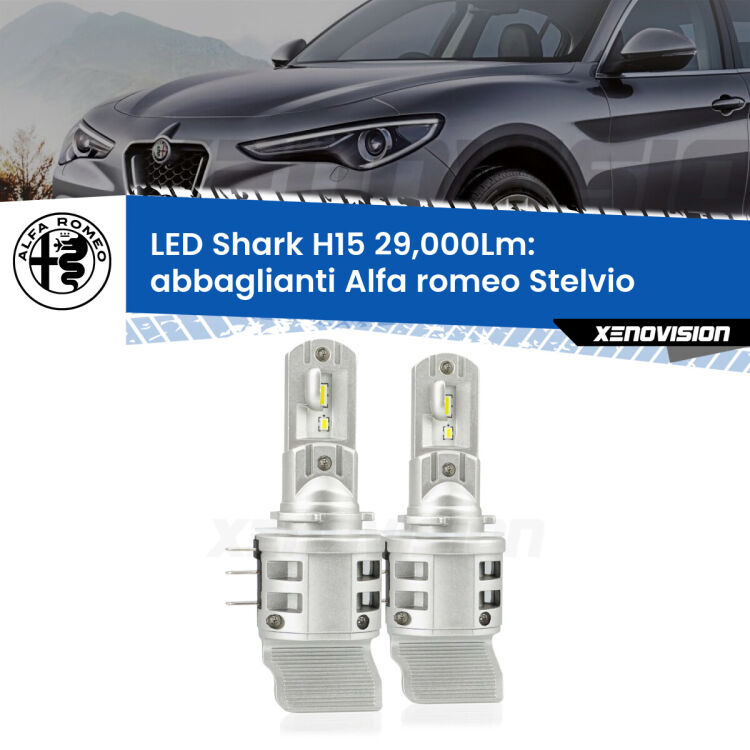 <strong>Kit abbaglianti LED per Alfa romeo Stelvio</strong>  2016in poi. Lampade <strong>H15</strong> doppia funzione (diurne + abbaglianti) Canbus modello Shark Xenovision.