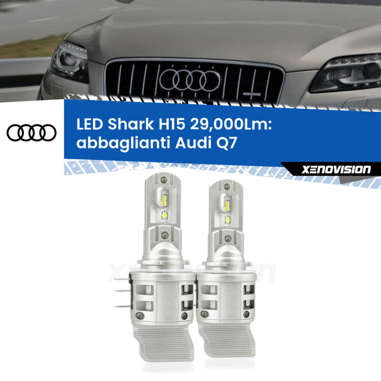 <strong>Kit abbaglianti LED per Audi Q7</strong>  2010-2015. Lampade <strong>H15</strong> doppia funzione (diurne + abbaglianti) Canbus modello Shark Xenovision.