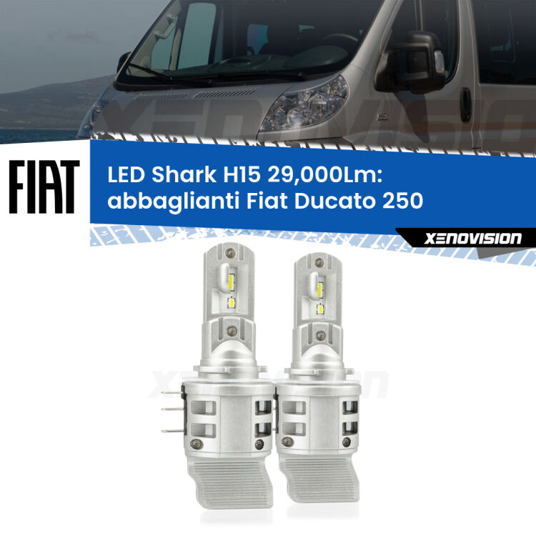 <strong>Kit abbaglianti LED per Fiat Ducato</strong> 250 con luci diurne. Lampade <strong>H15</strong> doppia funzione (diurne + abbaglianti) Canbus modello Shark Xenovision.