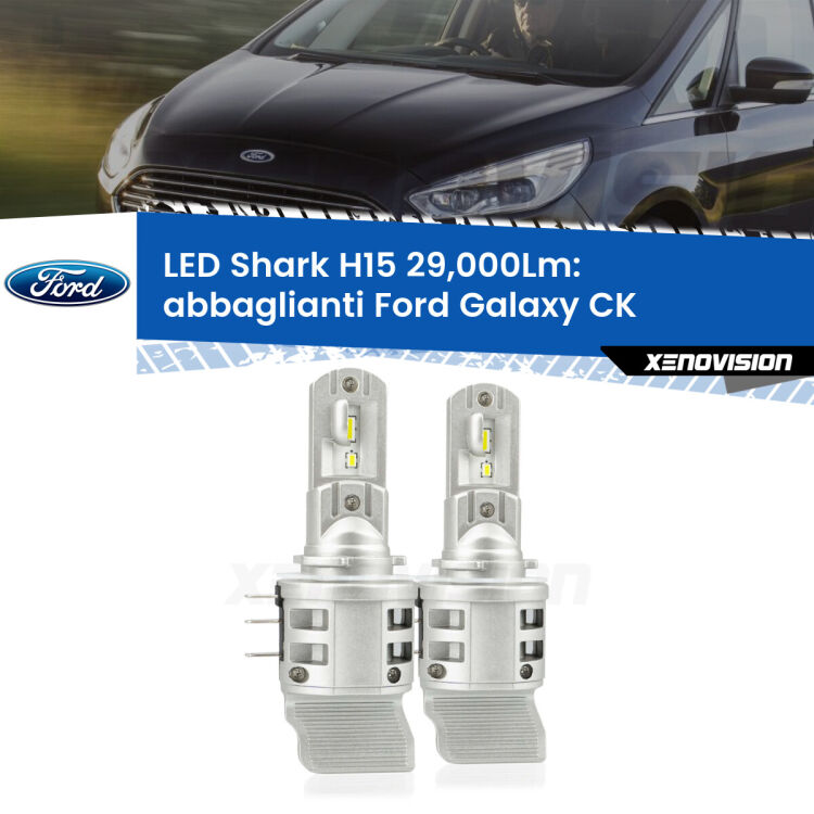 <strong>Kit abbaglianti LED per Ford Galaxy</strong> CK 2015 -2018. Lampade <strong>H15</strong> doppia funzione (diurne + abbaglianti) Canbus modello Shark Xenovision.