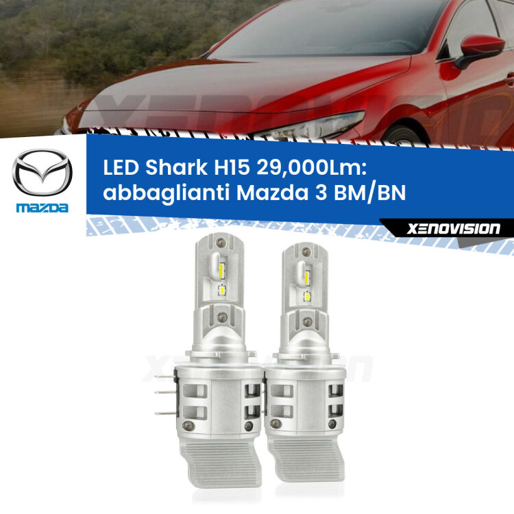 <strong>Kit abbaglianti LED per Mazda 3</strong> BM/BN con luci diurne. Lampade <strong>H15</strong> doppia funzione (diurne + abbaglianti) Canbus modello Shark Xenovision.