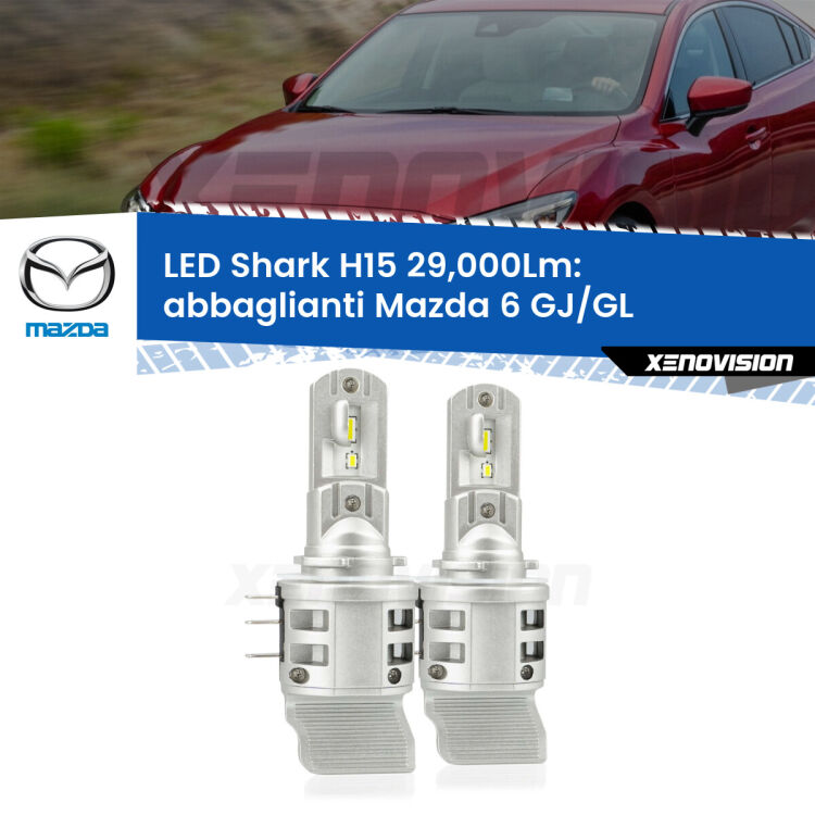 <strong>Kit abbaglianti LED per Mazda 6</strong> GJ/GL con luci diurne. Lampade <strong>H15</strong> doppia funzione (diurne + abbaglianti) Canbus modello Shark Xenovision.