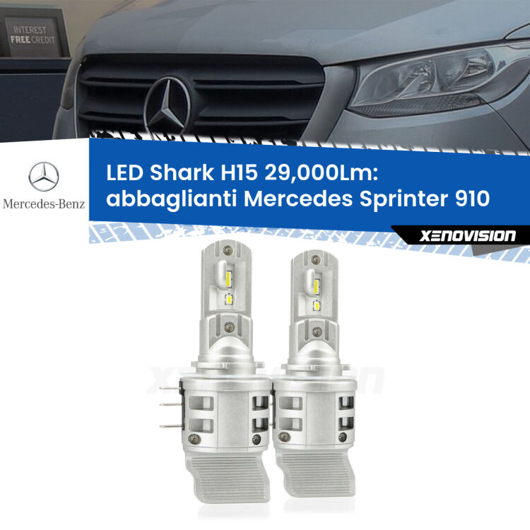 <strong>Kit abbaglianti LED per Mercedes Sprinter</strong> 910 2018 in poi. Lampade <strong>H15</strong> doppia funzione (diurne + abbaglianti) Canbus modello Shark Xenovision.