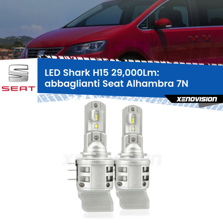 <strong>Kit abbaglianti LED per Seat Alhambra</strong> 7N 2010 in poi. Lampade <strong>H15</strong> doppia funzione (diurne + abbaglianti) Canbus modello Shark Xenovision.