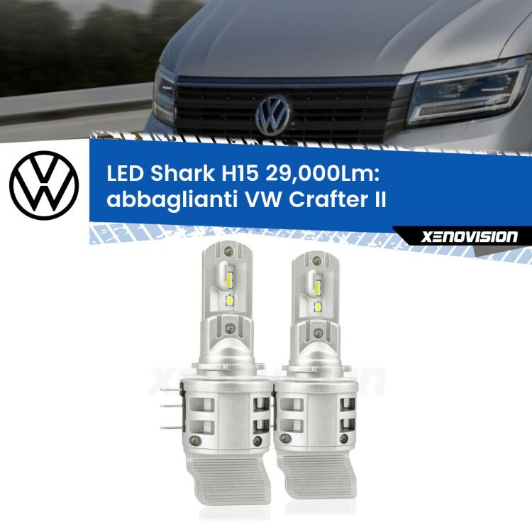 <strong>Kit abbaglianti LED per VW Crafter</strong> II 2016 in poi. Lampade <strong>H15</strong> doppia funzione (diurne + abbaglianti) Canbus modello Shark Xenovision.