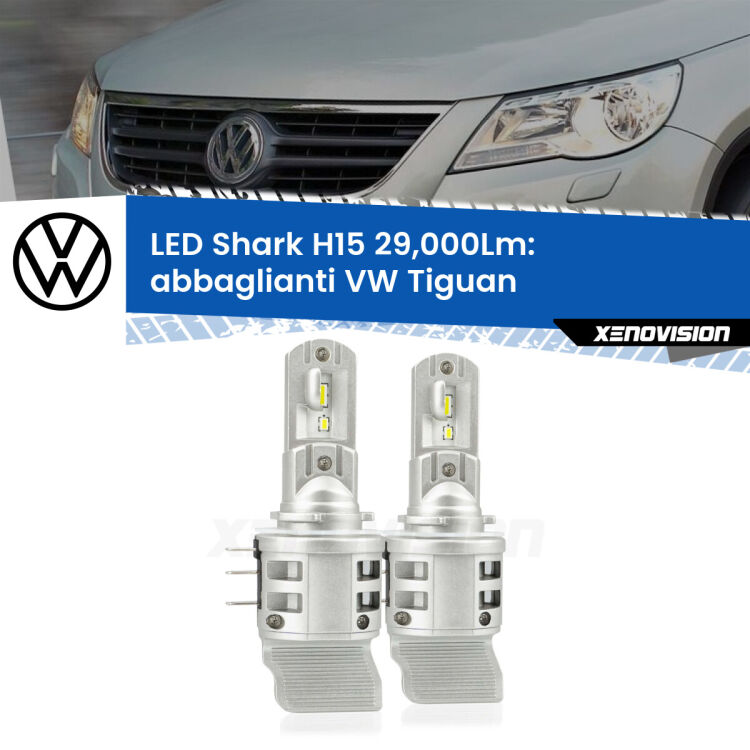 <strong>Kit abbaglianti LED per VW Tiguan</strong>  2012-2018. Lampade <strong>H15</strong> doppia funzione (diurne + abbaglianti) Canbus modello Shark Xenovision.