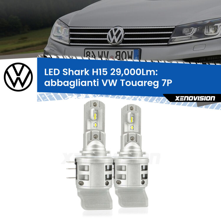 <strong>Kit abbaglianti LED per VW Touareg</strong> 7P 2010-2014. Lampade <strong>H15</strong> doppia funzione (diurne + abbaglianti) Canbus modello Shark Xenovision.