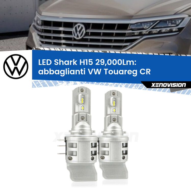 <strong>Kit abbaglianti LED per VW Touareg</strong> CR 2018 in poi. Lampade <strong>H15</strong> doppia funzione (diurne + abbaglianti) Canbus modello Shark Xenovision.