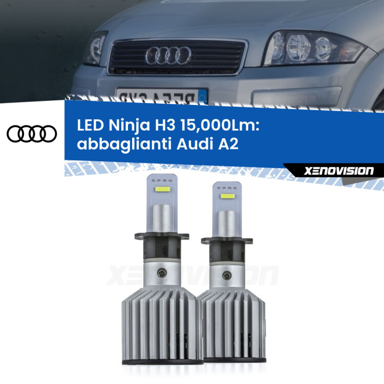 FINE SERIE: NO GARANZIA <strong>Kit abbaglianti LED specifico per Audi A2</strong>  2000-2005. Lampade <strong>H3</strong> Canbus da 15.000Lumen di luminosità modello Ninja Xenovision.