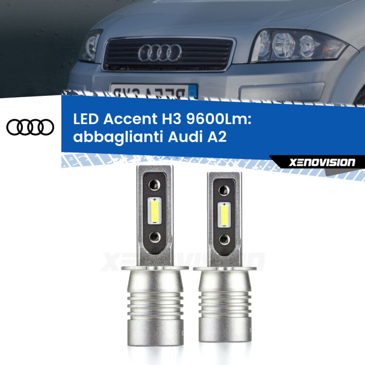 <strong>Kit LED Abbaglianti per Audi A2</strong>  2000 -2005.</strong> Coppia lampade <strong>H3</strong> senza ventola e ultracompatte per installazioni in fari senza spazi.