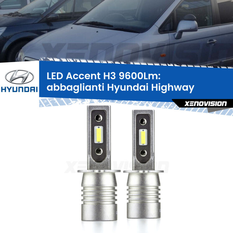 <strong>Kit LED Abbaglianti per Hyundai Highway</strong>  2000 -2004.</strong> Coppia lampade <strong>H3</strong> senza ventola e ultracompatte per installazioni in fari senza spazi.