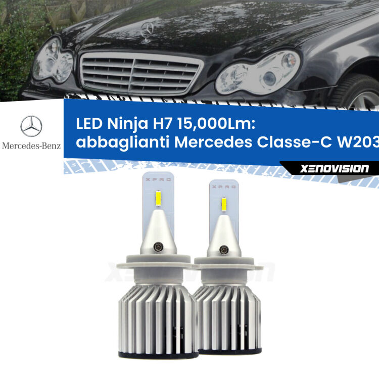 FINE SERIE: NO GARANZIA<strong>Kit abbaglianti LED specifico per Mercedes Classe-C</strong> W203 con fari Xenon. Lampade <strong>H7</strong> Canbus da 15.000Lumen di luminosità modello Ninja Xenovision.