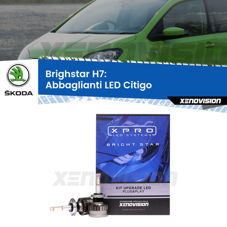 <strong>Kit LED abbaglianti per Skoda Citigo</strong>  con parabola doppia. </strong>Include due lampade Canbus H7 Brightstar da 24,000 Lumen. Qualità Massima.