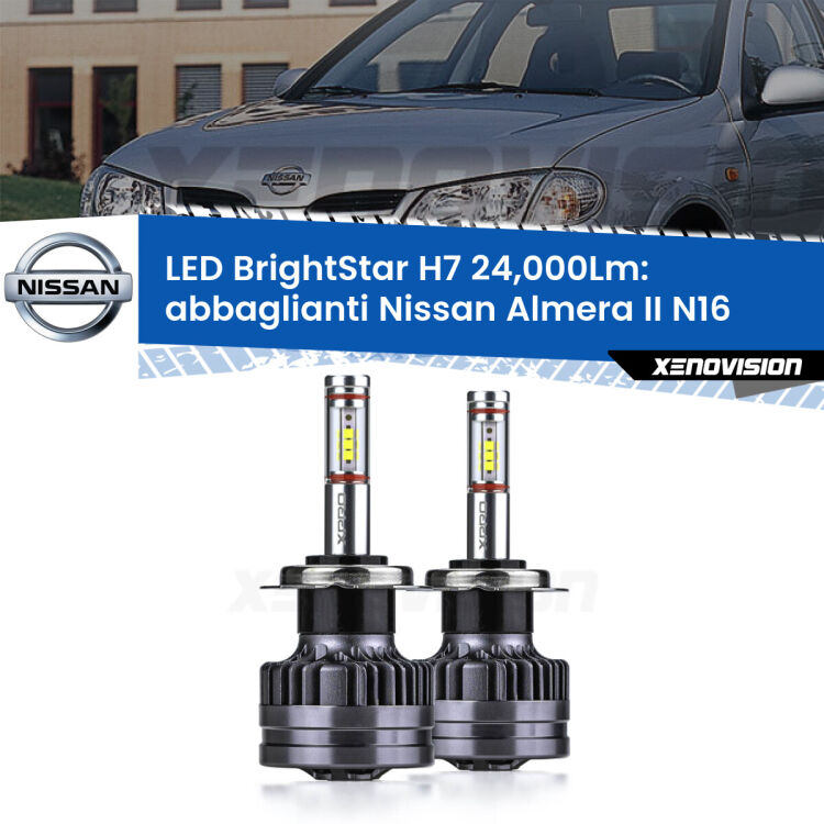 <strong>Kit LED abbaglianti per Nissan Almera II</strong> N16 2002 -2006. </strong>Include due lampade Canbus H7 Brightstar da 24,000 Lumen. Qualità Massima.