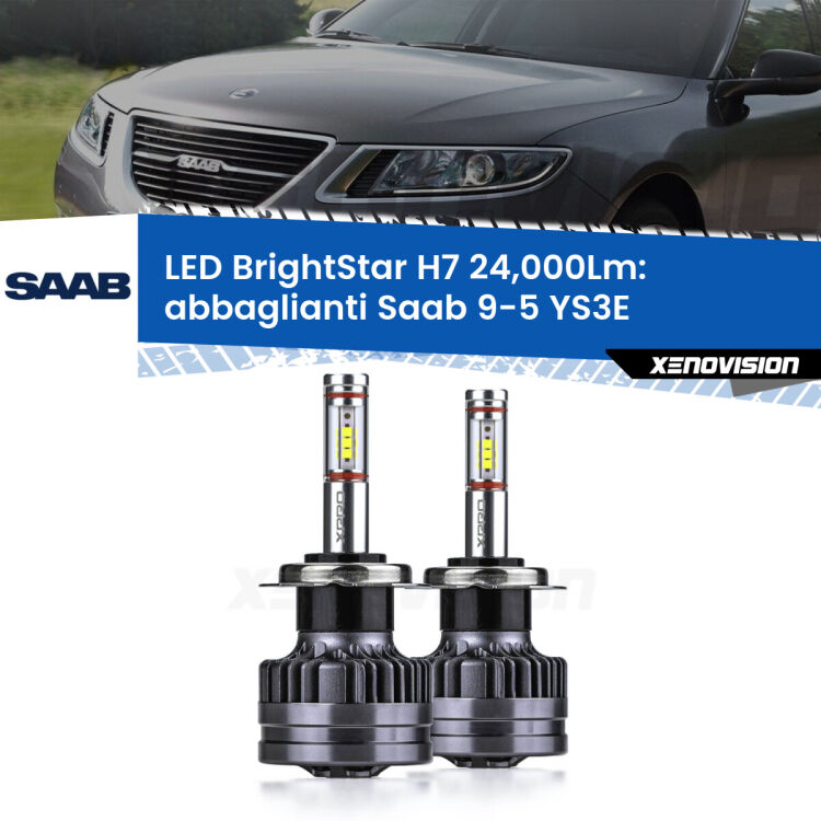 <strong>Kit LED abbaglianti per Saab 9-5</strong> YS3E 1997 -2010. </strong>Include due lampade Canbus H7 Brightstar da 24,000 Lumen. Qualità Massima.