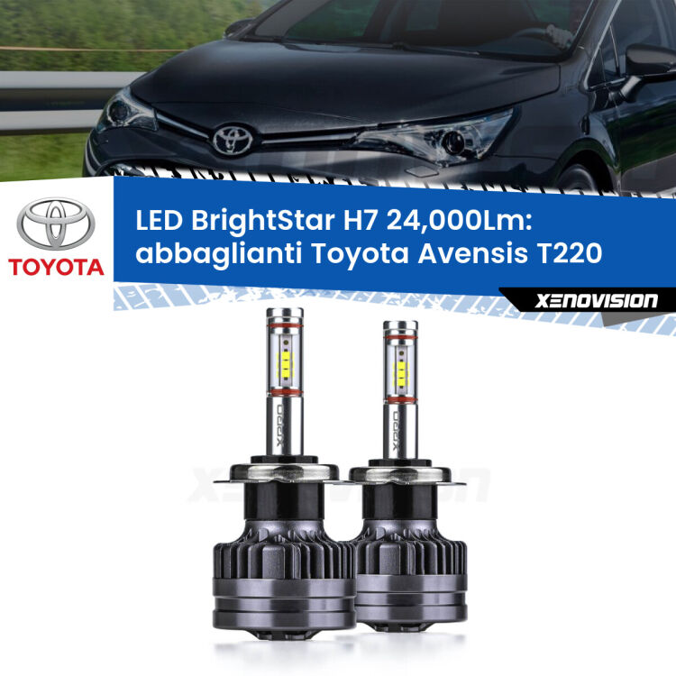 <strong>Kit LED abbaglianti per Toyota Avensis</strong> T220 1997 -2003. </strong>Include due lampade Canbus H7 Brightstar da 24,000 Lumen. Qualità Massima.