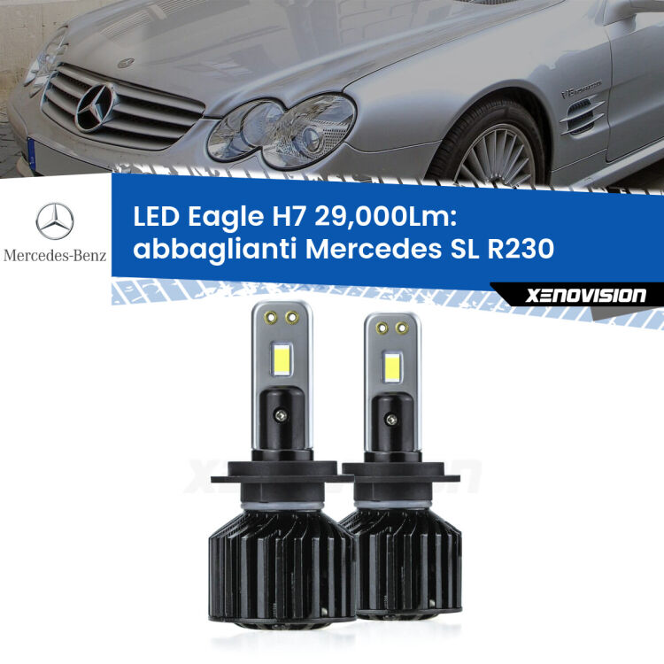 <strong>Kit abbaglianti LED specifico per Mercedes SL</strong> R230 2001-2012. Lampade <strong>H7</strong> Canbus da 29.000Lumen di luminosità modello Eagle Xenovision.