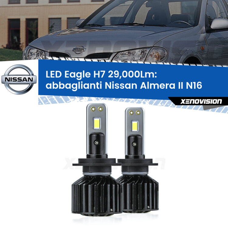 <strong>Kit abbaglianti LED specifico per Nissan Almera II</strong> N16 2002 -2006. Lampade <strong>H7</strong> Canbus da 29.000Lumen di luminosità modello Eagle Xenovision.