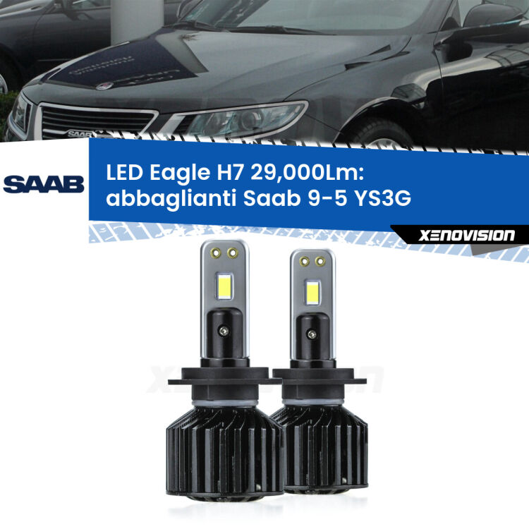 <strong>Kit abbaglianti LED specifico per Saab 9-5</strong> YS3G 2010 -2012. Lampade <strong>H7</strong> Canbus da 29.000Lumen di luminosità modello Eagle Xenovision.