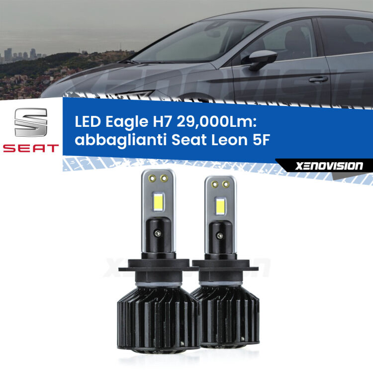 <strong>Kit abbaglianti LED specifico per Seat Leon</strong> 5F 2012 in poi. Lampade <strong>H7</strong> Canbus da 29.000Lumen di luminosità modello Eagle Xenovision.