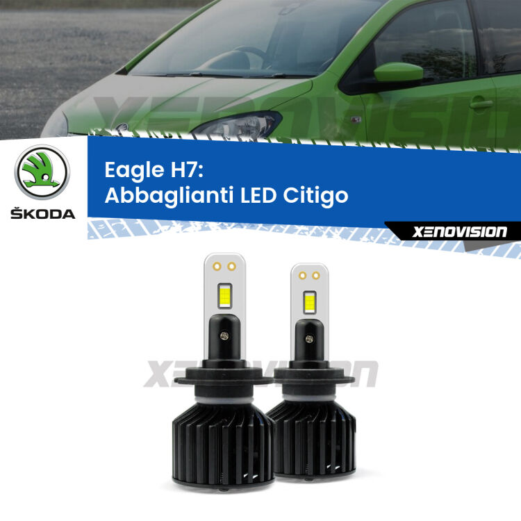 <strong>Kit abbaglianti LED specifico per Skoda Citigo</strong>  con parabola doppia. Lampade <strong>H7</strong> Canbus da 29.000Lumen di luminosità modello Eagle Xenovision.