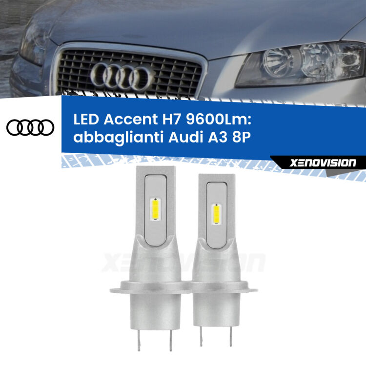 <strong>Kit LED Abbaglianti per Audi A3</strong> 8P 2003-2012.</strong> Coppia lampade <strong>H7</strong> senza ventola e ultracompatte per installazioni in fari senza spazi.