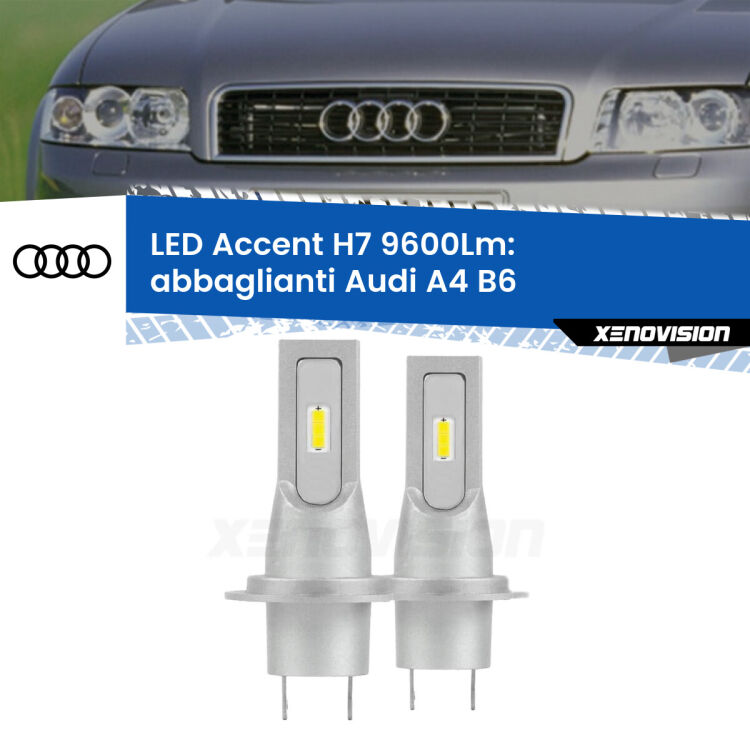 <strong>Kit LED Abbaglianti per Audi A4</strong> B6 2000-2004.</strong> Coppia lampade <strong>H7</strong> senza ventola e ultracompatte per installazioni in fari senza spazi.