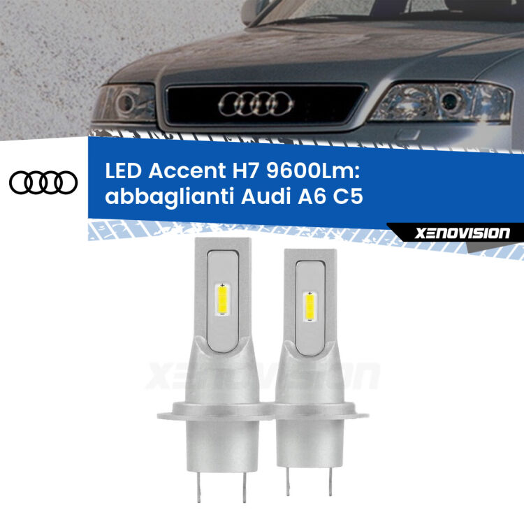 <strong>Kit LED Abbaglianti per Audi A6</strong> C5 1997 -2004.</strong> Coppia lampade <strong>H7</strong> senza ventola e ultracompatte per installazioni in fari senza spazi.