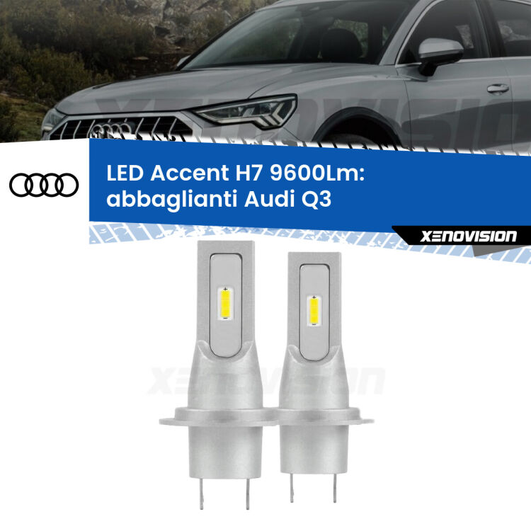 <strong>Kit LED Abbaglianti per Audi Q3</strong>  2011 -2018.</strong> Coppia lampade <strong>H7</strong> senza ventola e ultracompatte per installazioni in fari senza spazi.