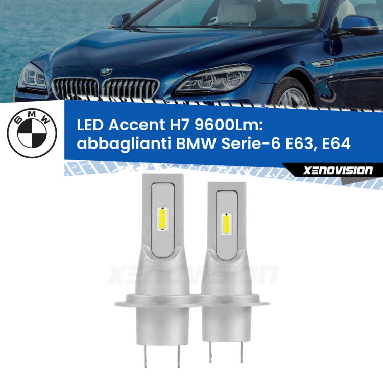 <strong>Kit LED Abbaglianti per BMW Serie-6</strong> E63, E64 2004 -2010.</strong> Coppia lampade <strong>H7</strong> senza ventola e ultracompatte per installazioni in fari senza spazi.