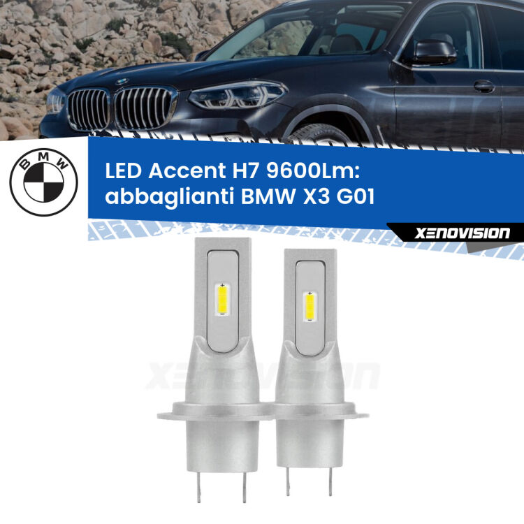 <strong>Kit LED Abbaglianti per BMW X3</strong> G01 2017 in poi.</strong> Coppia lampade <strong>H7</strong> senza ventola e ultracompatte per installazioni in fari senza spazi.