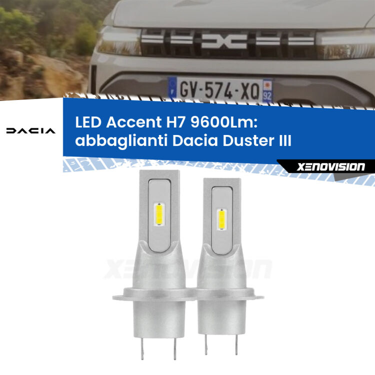 <strong>Kit LED Abbaglianti per Dacia Duster</strong> III 2024 in poi.</strong> Coppia lampade <strong>H7</strong> senza ventola e ultracompatte per installazioni in fari senza spazi.