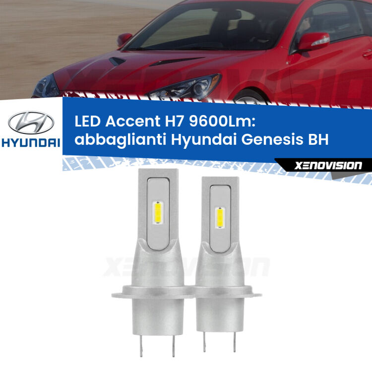 <strong>Kit LED Abbaglianti per Hyundai Genesis</strong> BH 2008 -2014.</strong> Coppia lampade <strong>H7</strong> senza ventola e ultracompatte per installazioni in fari senza spazi.