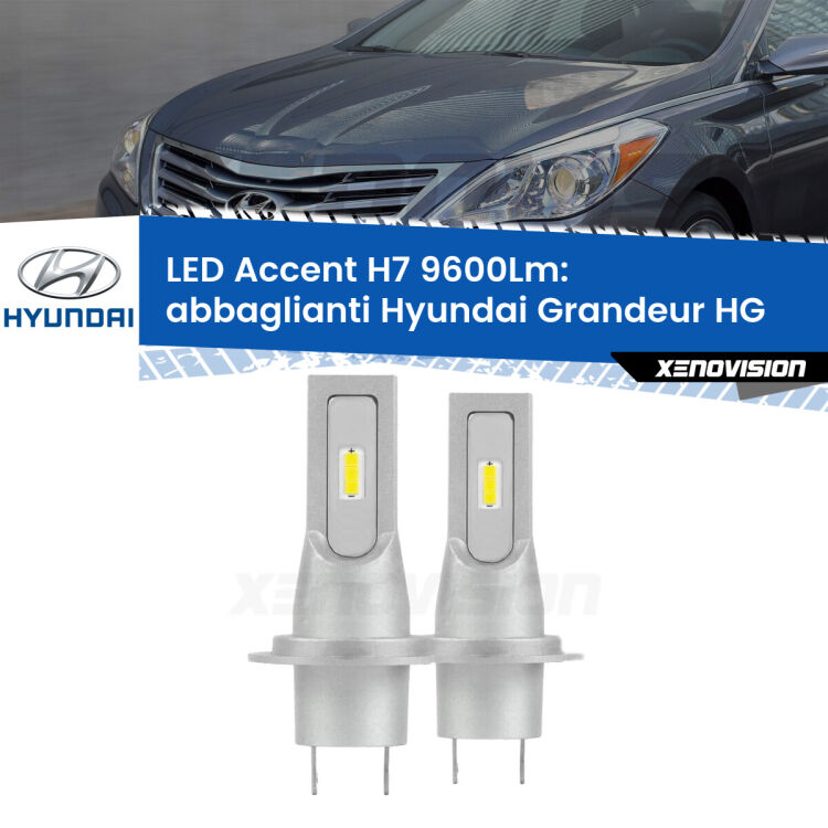 <strong>Kit LED Abbaglianti per Hyundai Grandeur</strong> HG 2011 -2016.</strong> Coppia lampade <strong>H7</strong> senza ventola e ultracompatte per installazioni in fari senza spazi.