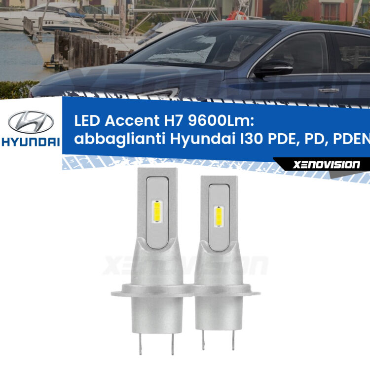 <strong>Kit LED Abbaglianti per Hyundai I30</strong> PDE, PD, PDEN 2016 in poi.</strong> Coppia lampade <strong>H7</strong> senza ventola e ultracompatte per installazioni in fari senza spazi.