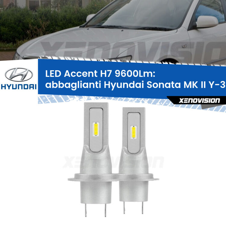 <strong>Kit LED Abbaglianti per Hyundai Sonata MK II</strong> Y-3 1993-1998.</strong> Coppia lampade <strong>H7</strong> senza ventola e ultracompatte per installazioni in fari senza spazi.