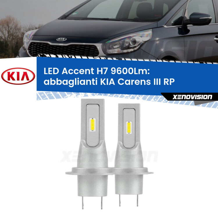 <strong>Kit LED Abbaglianti per KIA Carens III</strong> RP 2012 -2021.</strong> Coppia lampade <strong>H7</strong> senza ventola e ultracompatte per installazioni in fari senza spazi.