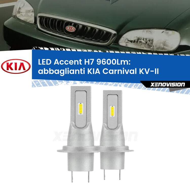 <strong>Kit LED Abbaglianti per KIA Carnival</strong> KV-II 1998 -2004.</strong> Coppia lampade <strong>H7</strong> senza ventola e ultracompatte per installazioni in fari senza spazi.