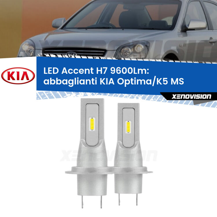 <strong>Kit LED Abbaglianti per KIA Optima/K5</strong> MS 2000 -2004.</strong> Coppia lampade <strong>H7</strong> senza ventola e ultracompatte per installazioni in fari senza spazi.