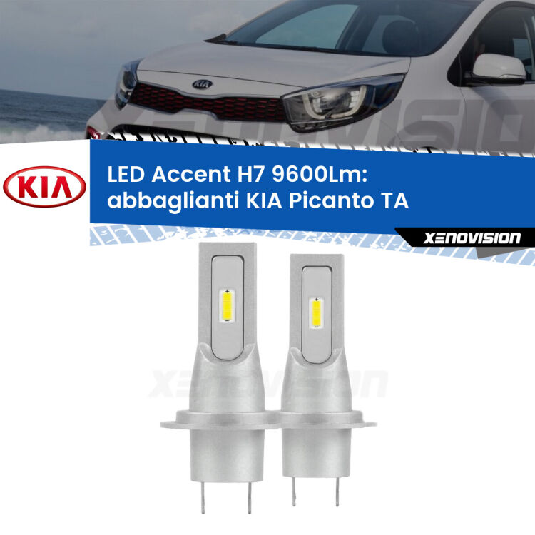 <strong>Kit LED Abbaglianti per KIA Picanto</strong> TA 2011 -2016.</strong> Coppia lampade <strong>H7</strong> senza ventola e ultracompatte per installazioni in fari senza spazi.