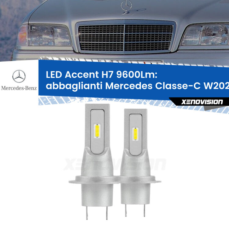 <strong>Kit LED Abbaglianti per Mercedes Classe-C</strong> W202 con fari Xenon.</strong> Coppia lampade <strong>H7</strong> senza ventola e ultracompatte per installazioni in fari senza spazi.