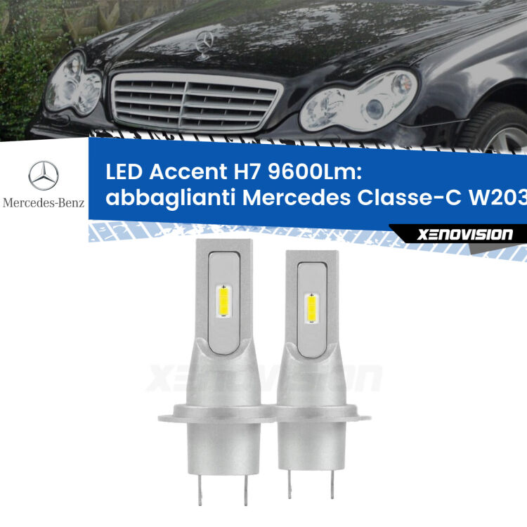 <strong>Kit LED Abbaglianti per Mercedes Classe-C</strong> W203 2000 -2007.</strong> Coppia lampade <strong>H7</strong> senza ventola e ultracompatte per installazioni in fari senza spazi.